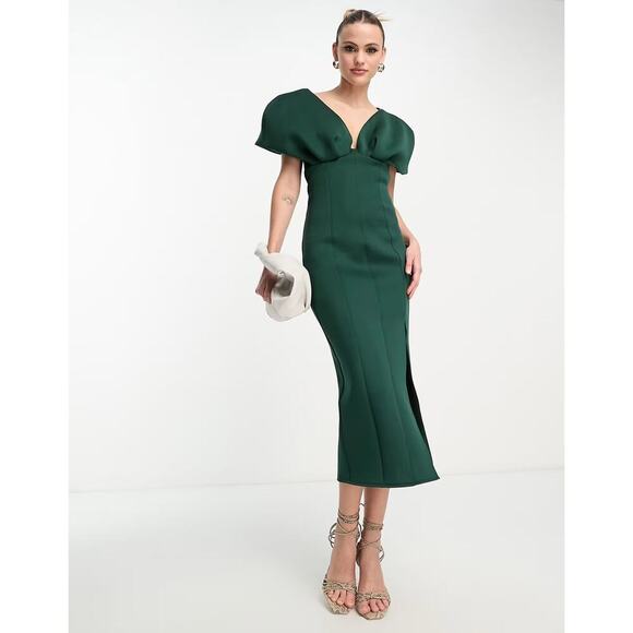 ASOS Design Forest Green Plunge Neck Dropped Shoulder Pencil Midi Dress Size 6 - Picture 1 of 9